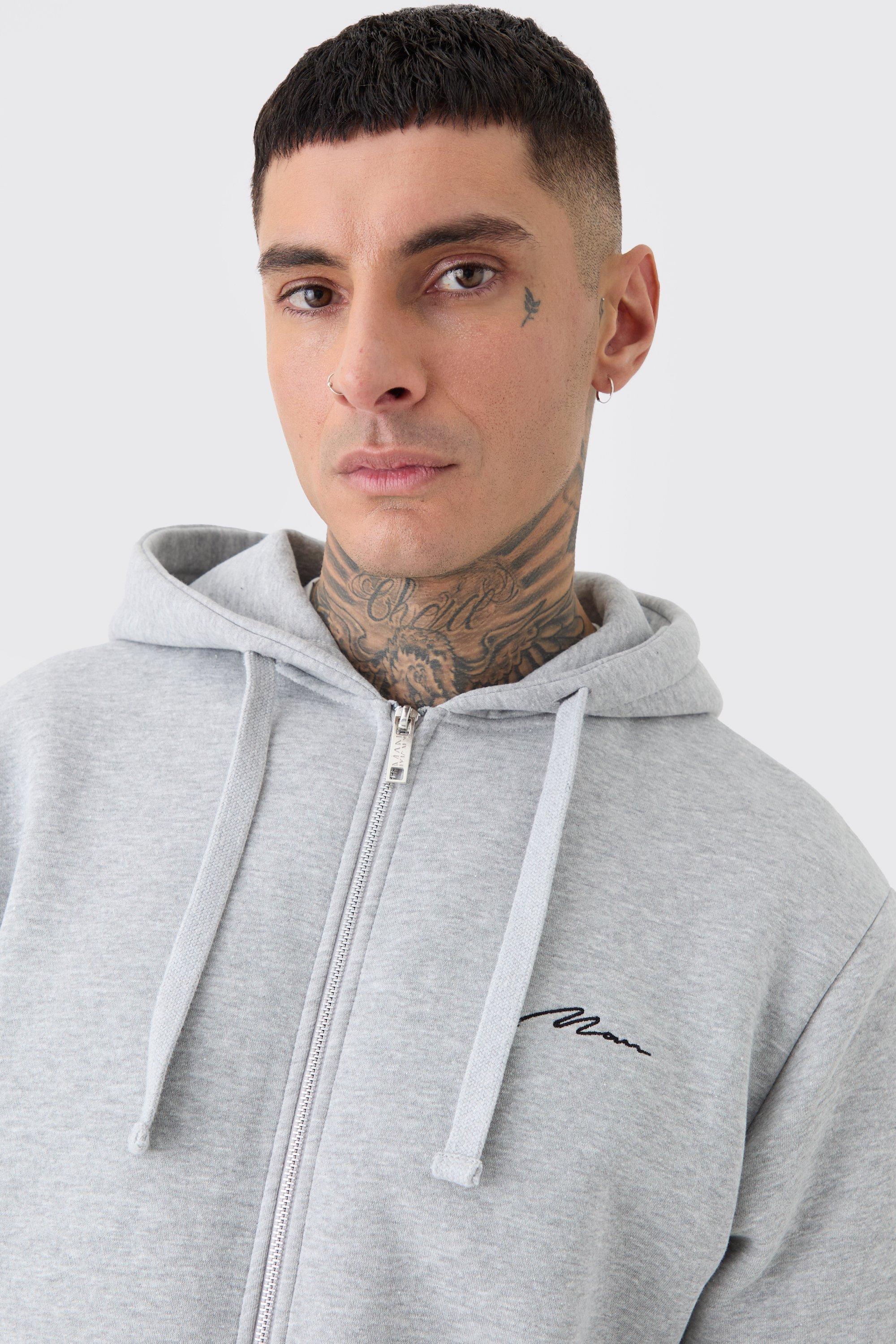 Tall Basic Man Signature Zip Through Hoodie In Grey Marl boohoo IE